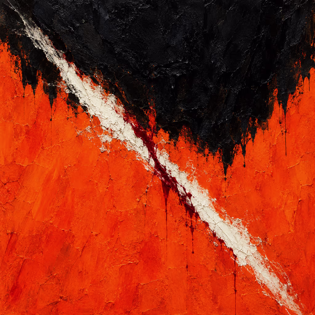 A textured orange and black abstract crossed diagonally by a white stroke edged with dark red.