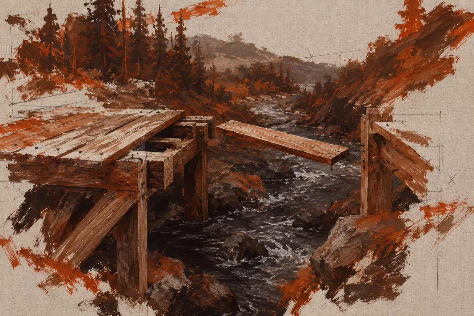 A broken timber crossing over a rocky stream, surrounded by dark trees and loose rust-orange brushwork.