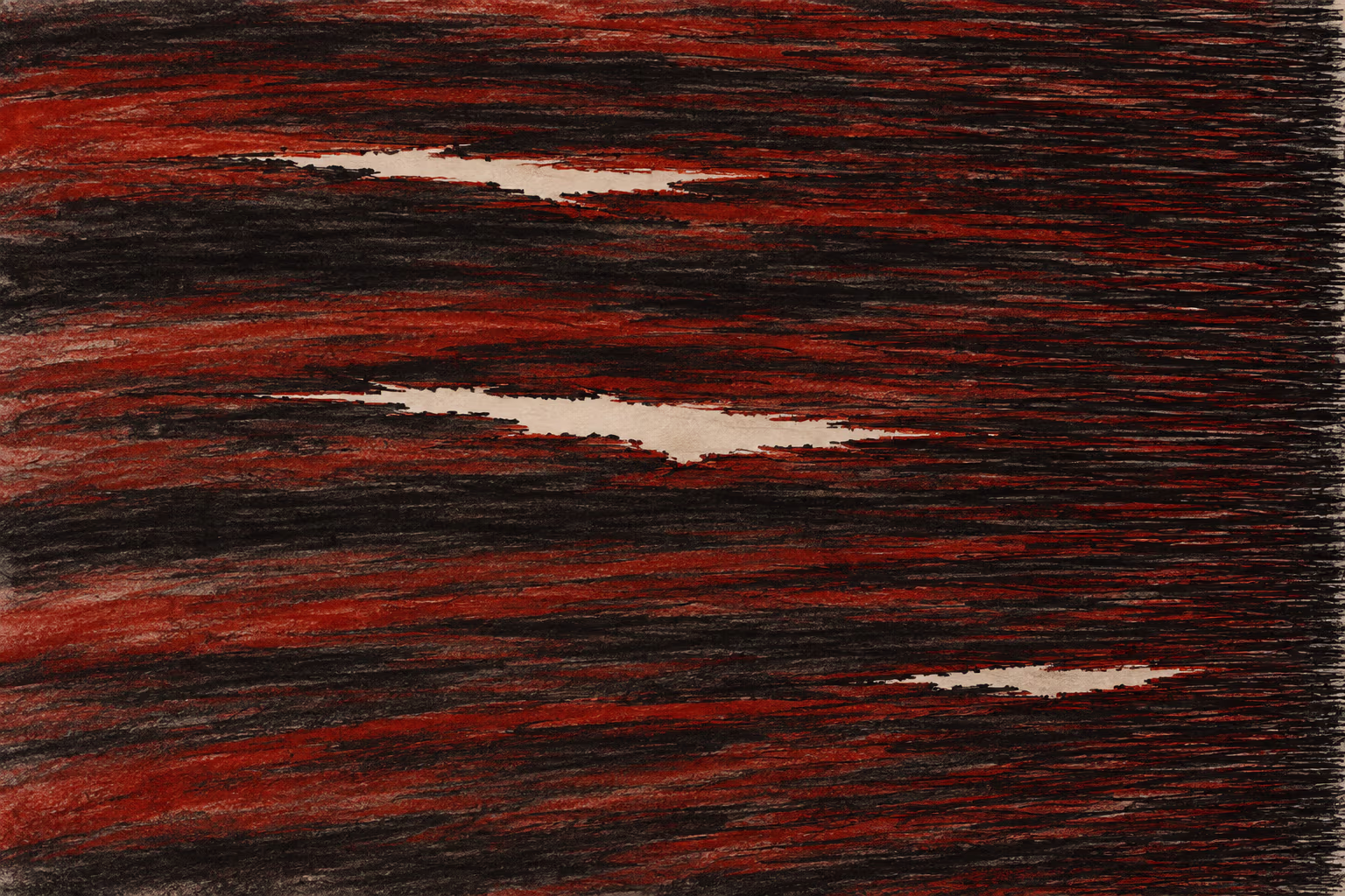 An abstract of rough charcoal and dark red horizontal strokes, broken by three pale openings.