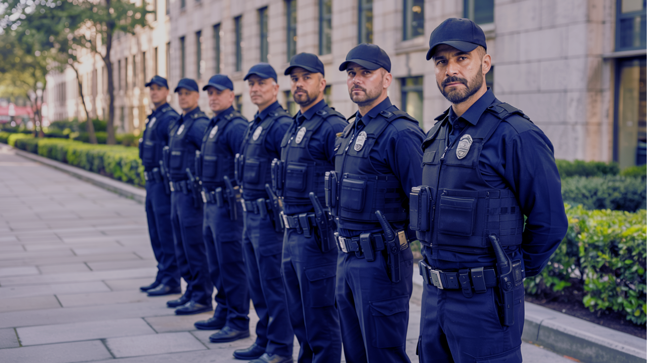 A team of uniformed security officers standing in formation outside a commercial building, equipped with tactical vests and gear, ready for deployment.