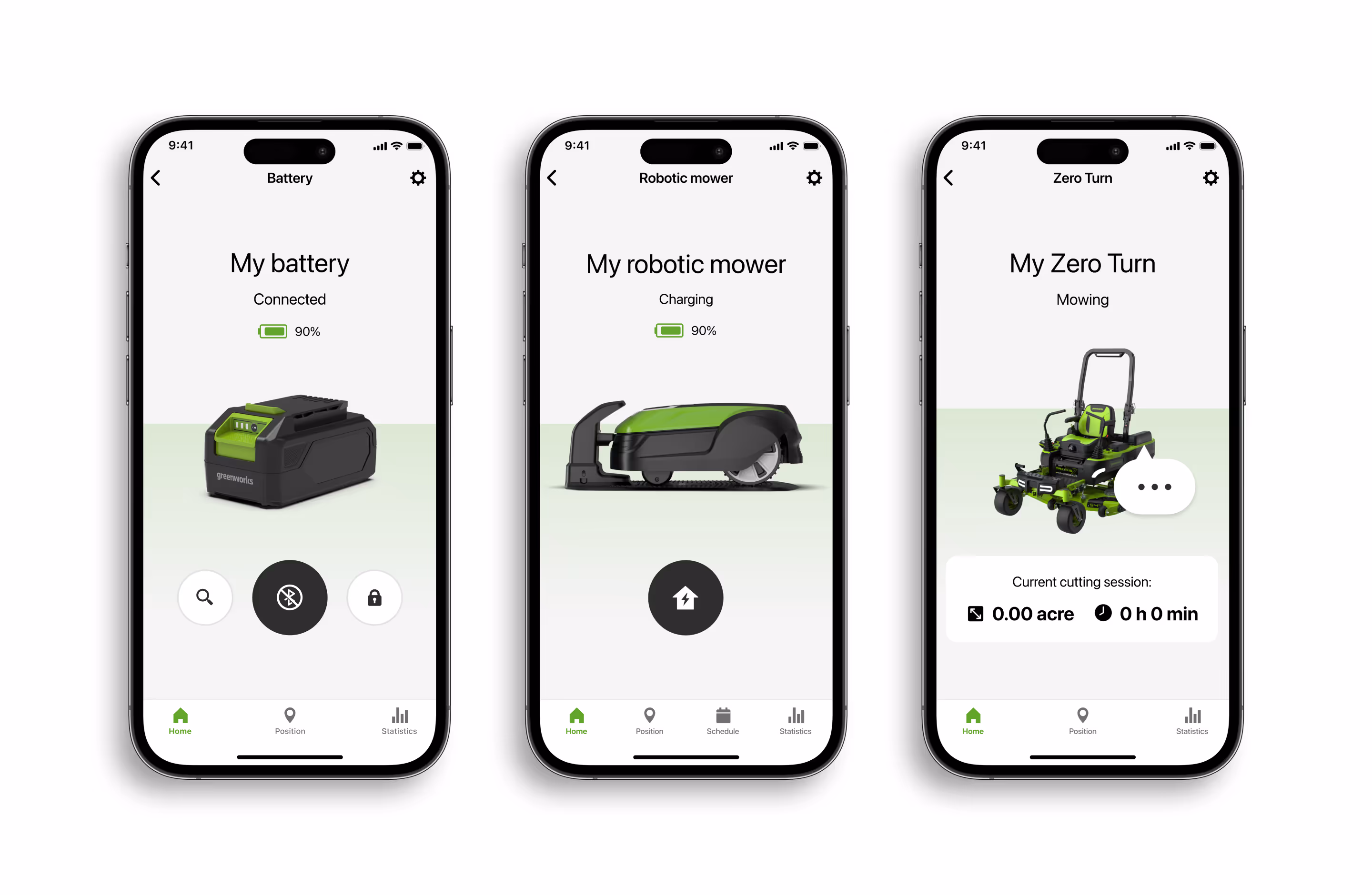 Image of different product dashboards UI's displayed in Greenworks app, shown on Greenworks Tools project details page