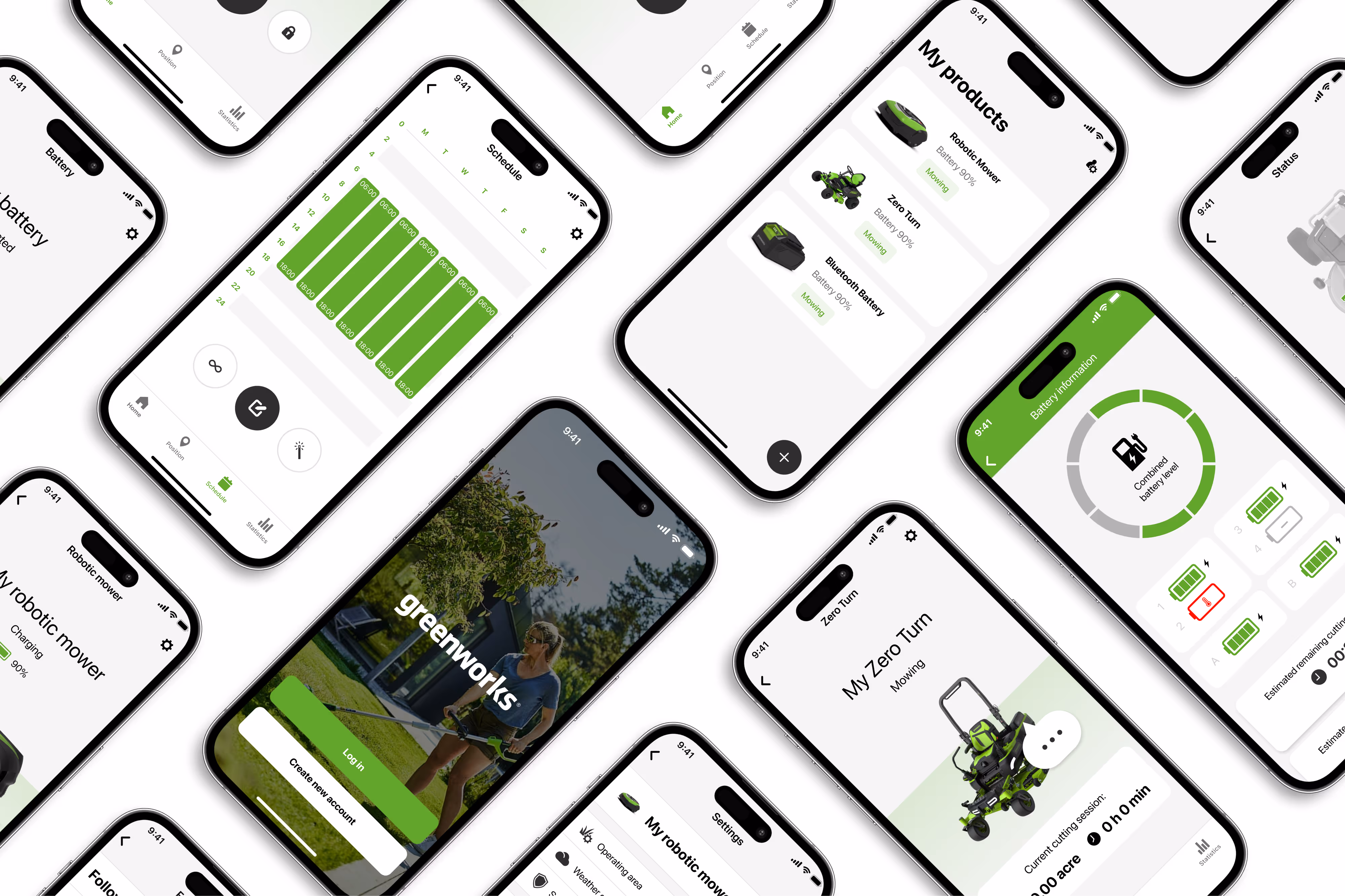 Overview of Greenworks Tools app UI showing multiple app pages, displayed on the Greenworks Tools project details page