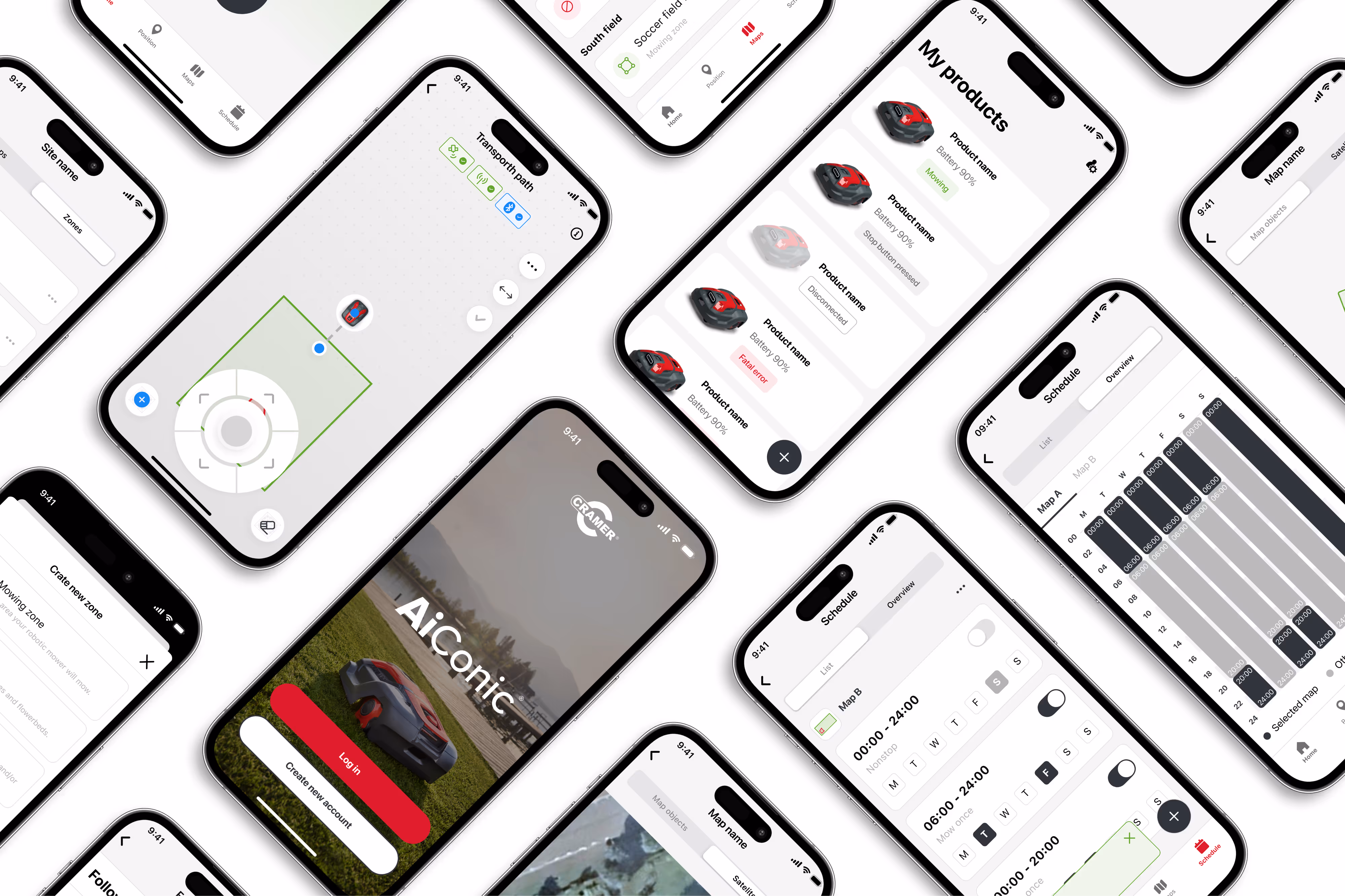 Overview of Cramer AiConic app UI showing multiple app pages, displayed on the Cramer AiConic project details page