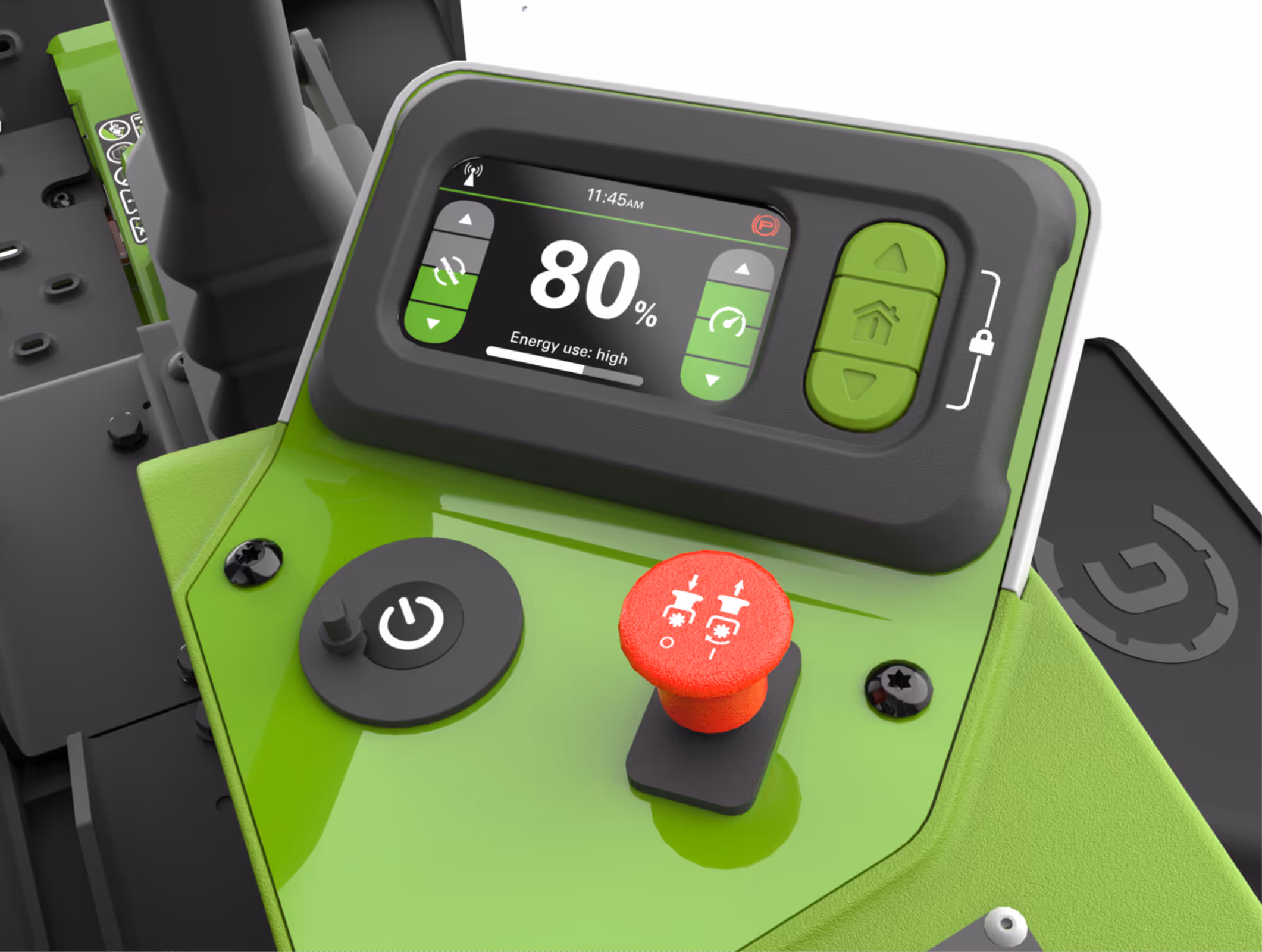 OptimusZ touch display mockup, displayed on Greenworks Commercial OptimusZ GUI project details page