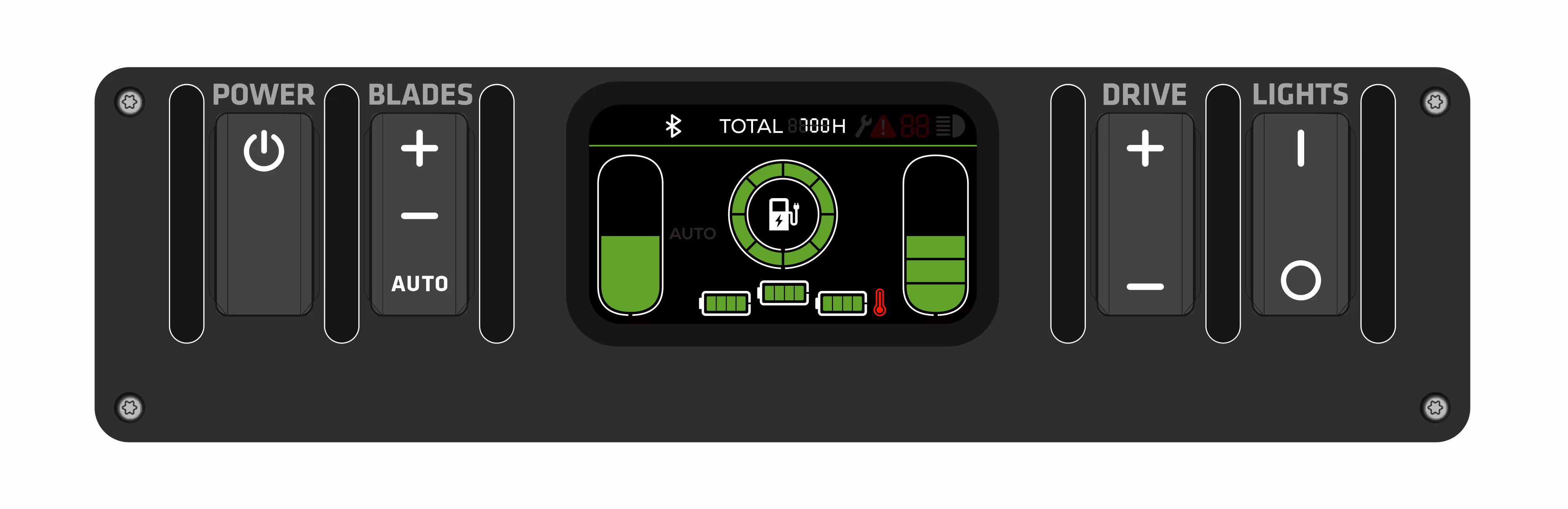 Overview of UI and panel design for Greenworks Commercial Optimus 82V 22-inch self-propelled mower.