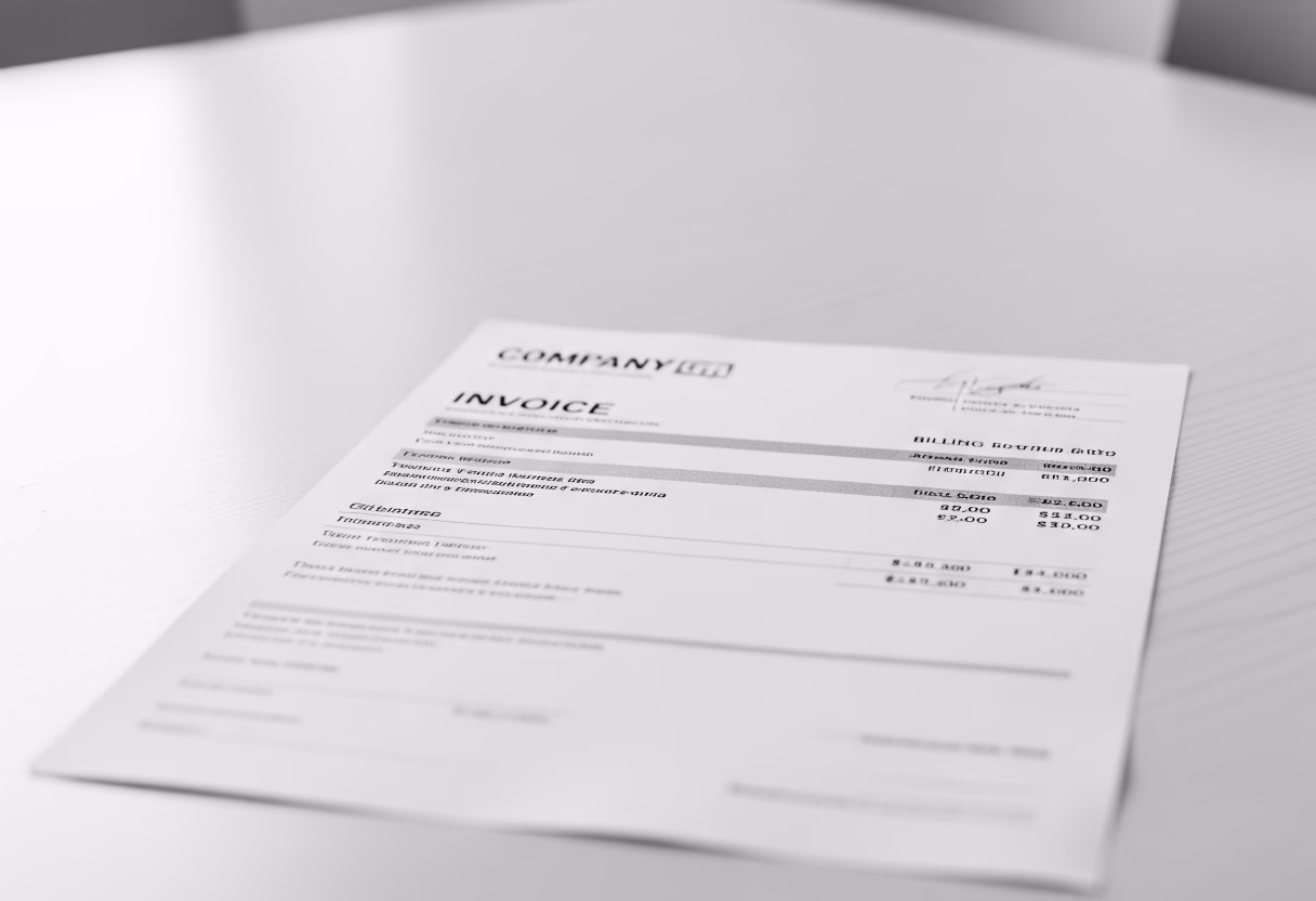 Blurry grayscale photo of an invoice document on a white surface.