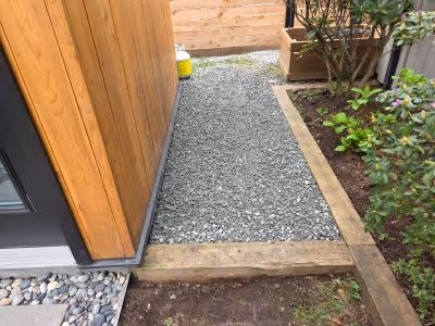 gravel path next to shed, edged by 6x6 wood planks