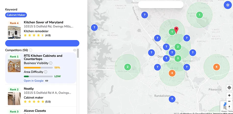 Search results for cabinet makers showing ranked listings and ratings on left, with a map on right displaying location markers and cluster counts.