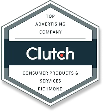 Hexagonal badge stating Top Advertising Company Clutch for Consumer Products & Services Richmond.