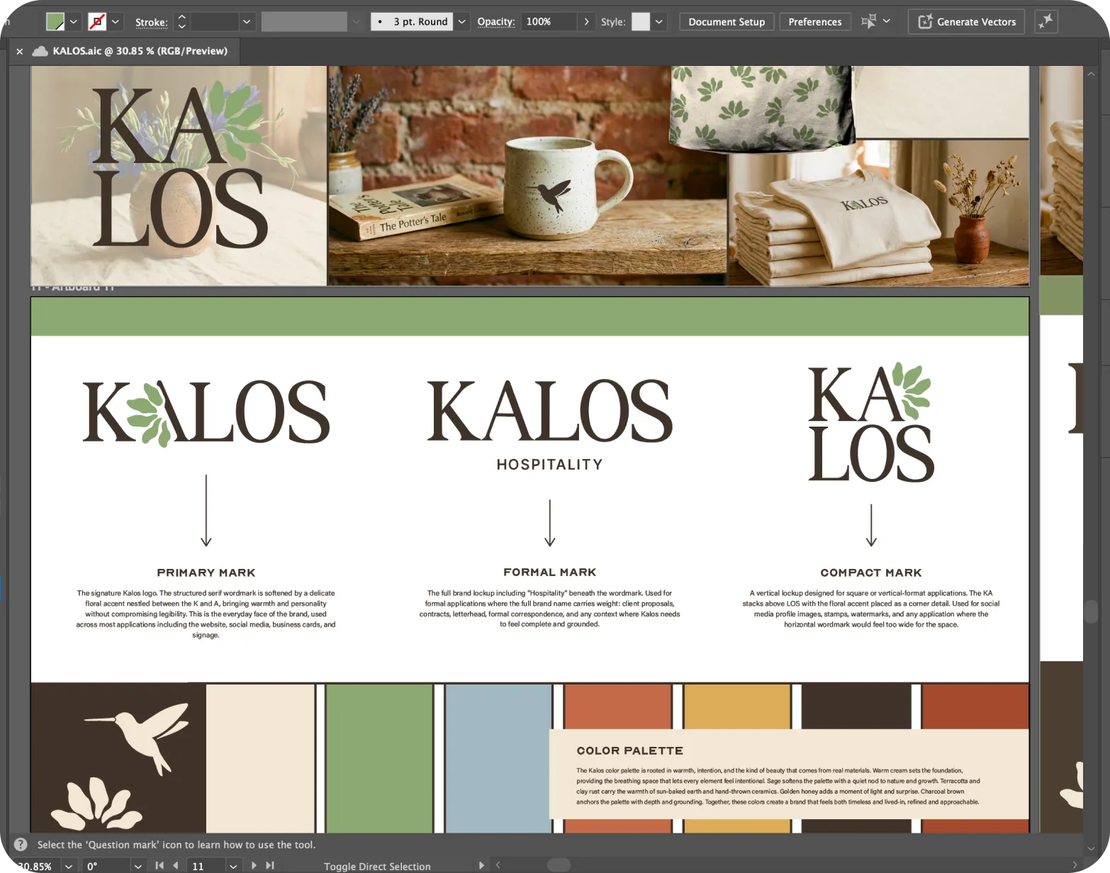Brand board showing KALOS logo variants, color palette, and product photos with floral and rustic themes.