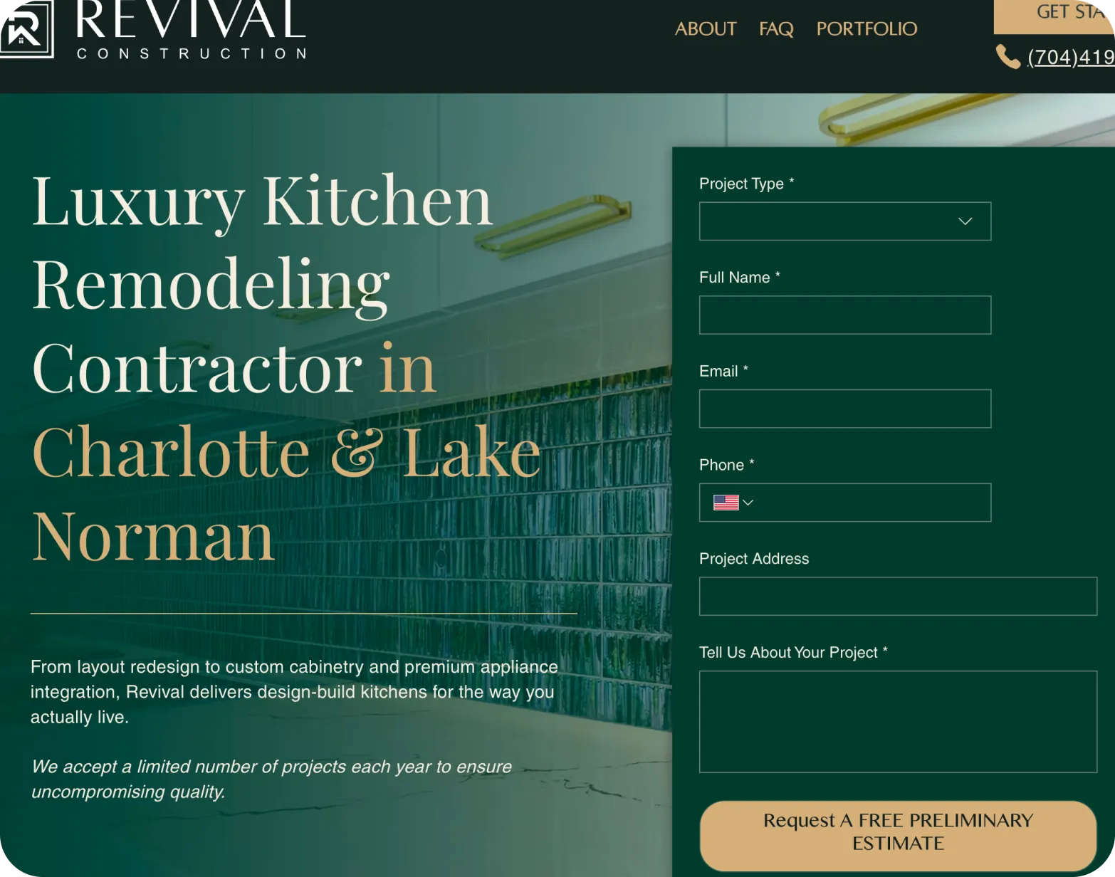 Form for requesting a free preliminary estimate for luxury kitchen remodeling in Charlotte and Lake Norman.