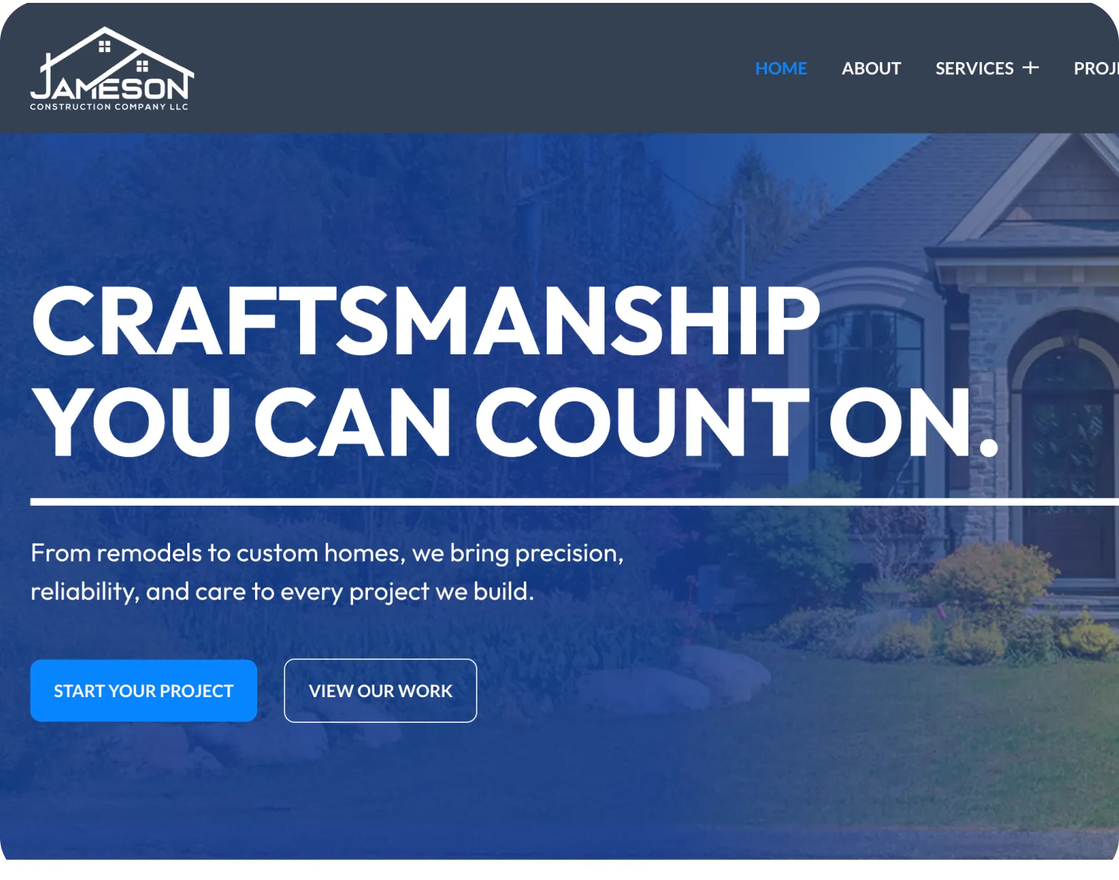 Website header for Jameson Construction with slogan, navigation menu, and call-to-action buttons over home exterior.