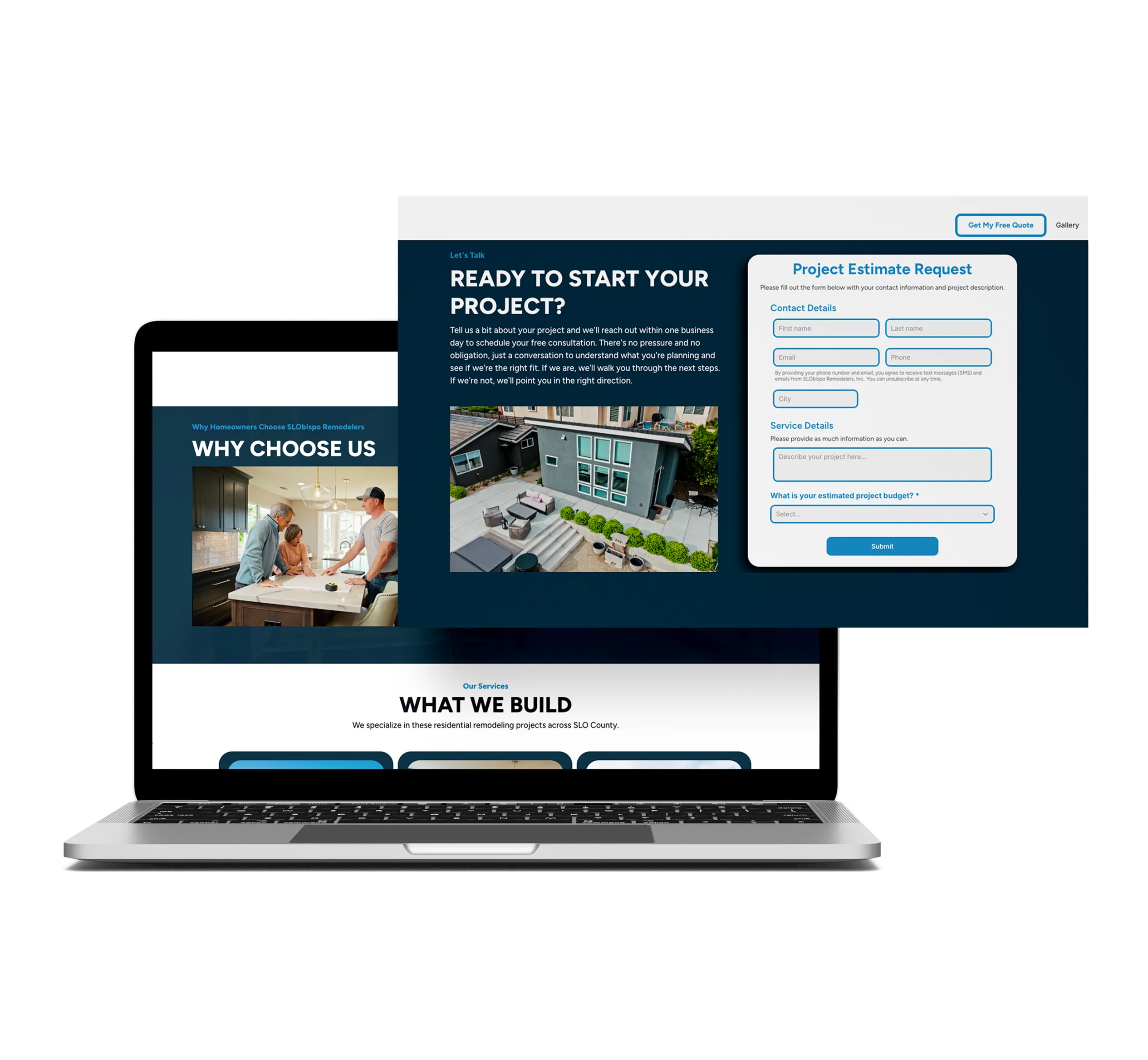 Website landing page on laptop showing project request form, remodeling services, and customer consultation image.