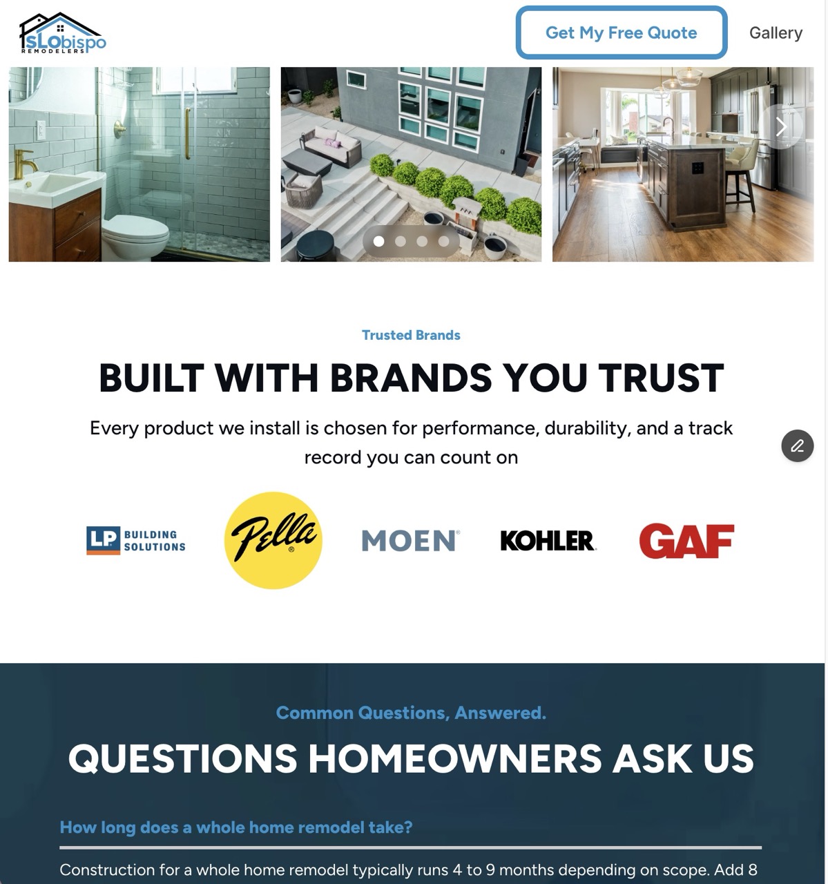 Logos of trusted brands LP Building Solutions, Pella, Moen, Kohler, and GAF for home remodeling.