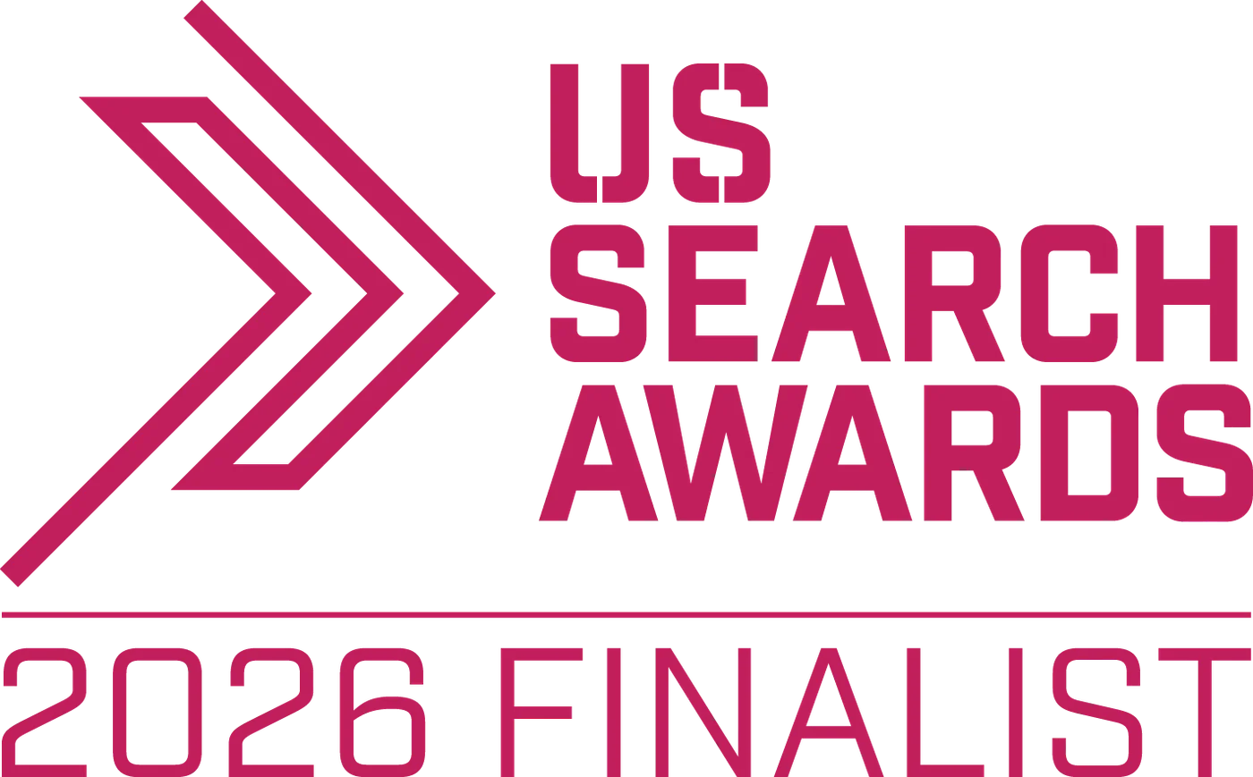US Search Awards 2026 Finalist logo with maroon arrow design on black background.