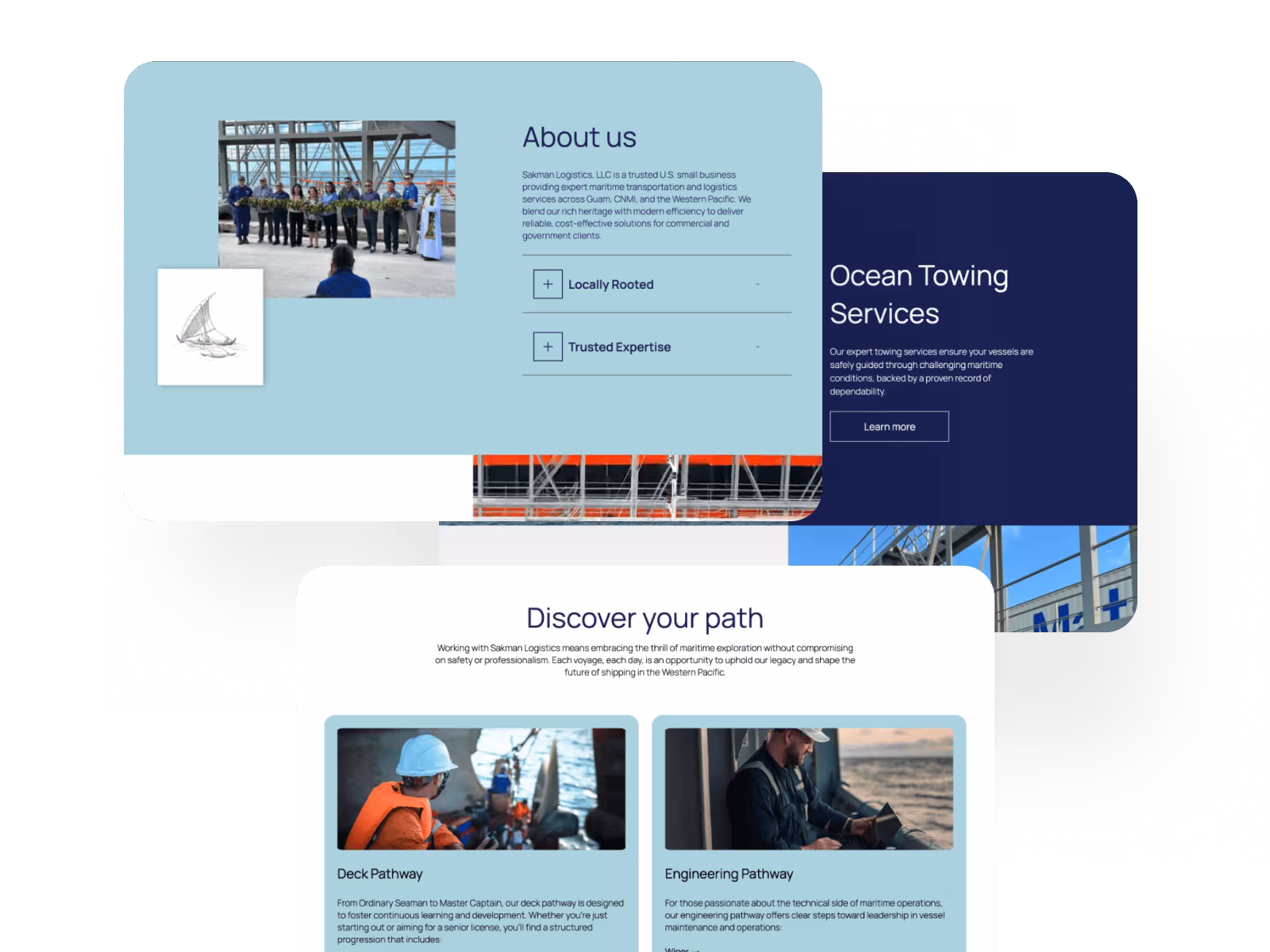 A digital mockup of a website featuring sections for 'About us' with images related to marine services, and 'Ocean Towing Services'. Additional section titled 'Discover your path' highlights Deck and Engineering pathways with images of workers.