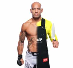 An avatar image of the same man photoshopped so that half of him looks like a professional mixed martial artist and the other is holding a chef's knife and wearing and apron.
