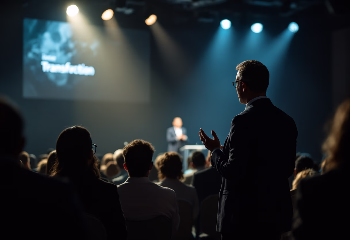 Photo of an Event in Dubai, a speaker is asking audience a question.