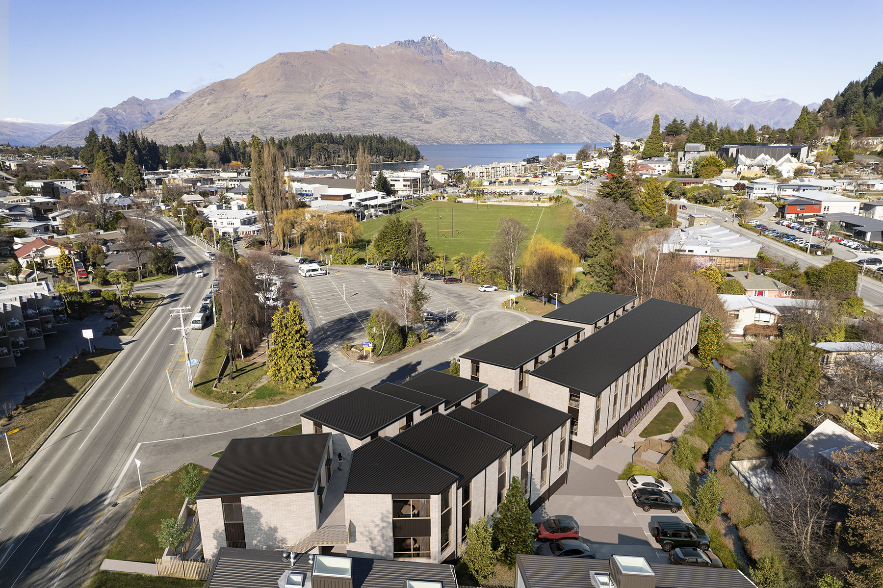 Aerial 3D Rendering of Maribel Apartments in Queenstown