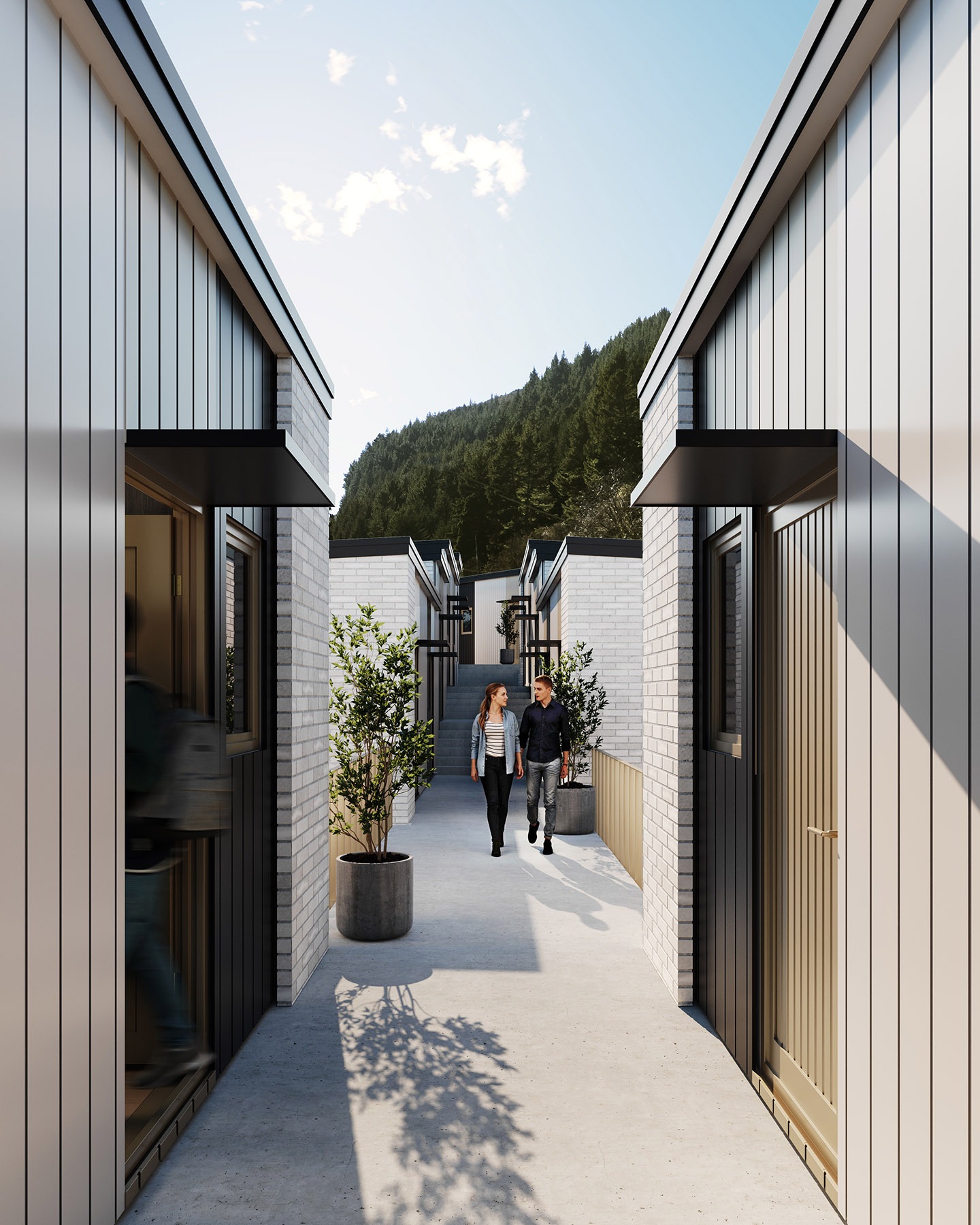 Exterior 3D Render of central walkway through Maribel Apartments in Queenstown 