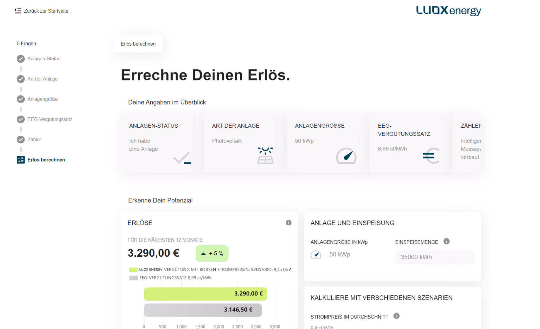 Desktop-Ansicht des LUOX Energy Erlösrechners zur Berechnung von Erlösen für Energieanlagen