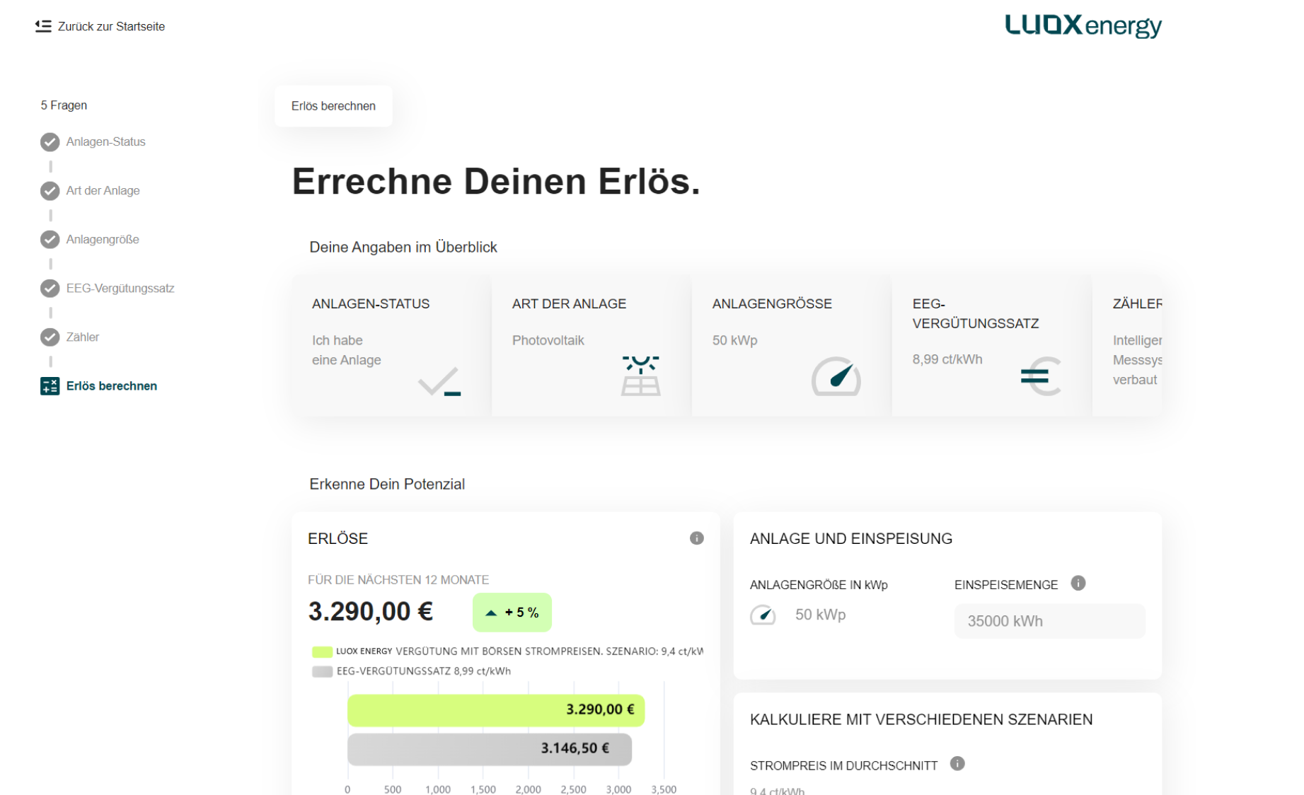 Desktop-Ansicht des LUOX Energy Erlösrechners zur Berechnung von Erlösen für Energieanlagen