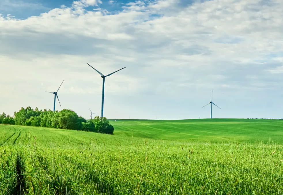 Windkraftanlagen in grüner Hügellandschaft unter leicht bewölktem Himmel.