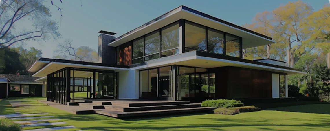 Modern two-story house with large glass windows, flat roofs, and a spacious green lawn with stepping stones.