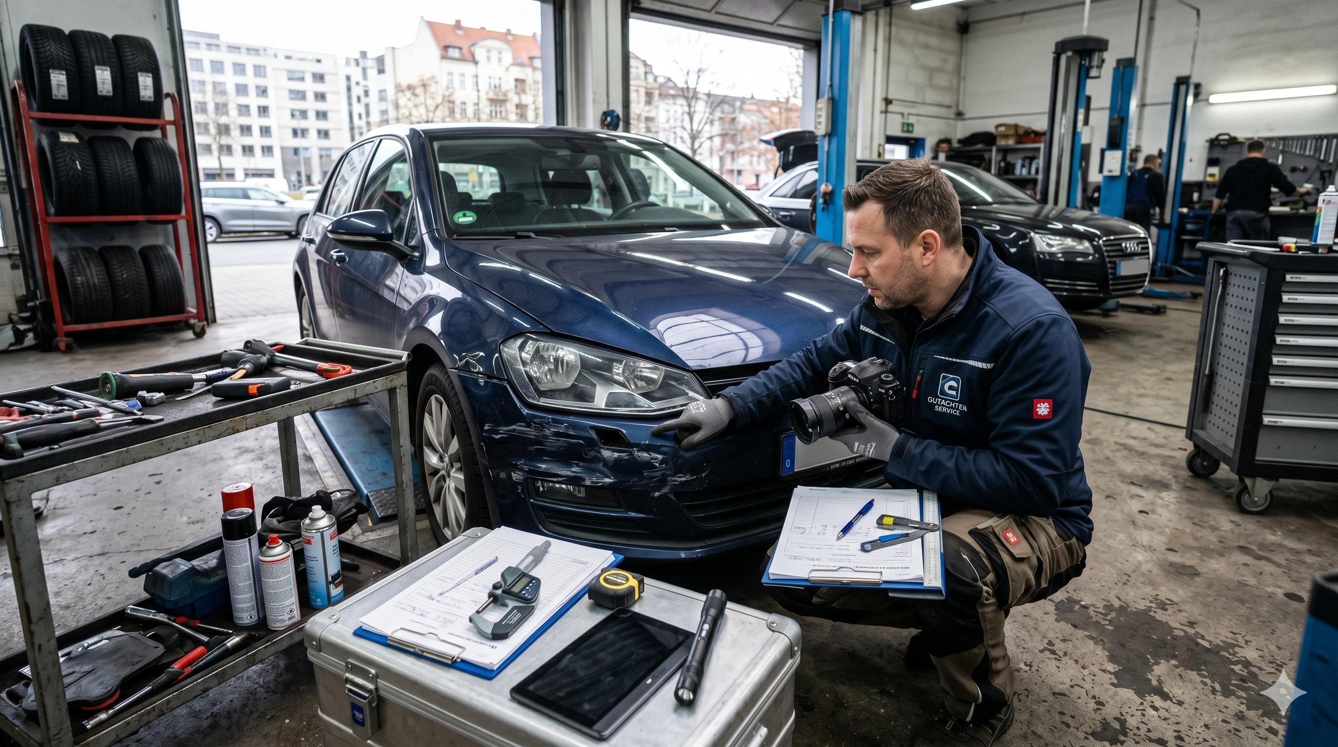 Ein Kfz-Gutachter in einer blauen Arbeitsjacke kniet in einer Autowerkstatt neben einem dunkelblauen VW Golf VII. Er trägt Handschuhe und zeigt auf einen Schaden am vorderen Stoßfänger und Scheinwerfer. In seiner rechten Hand hält er eine Spiegelreflexkame