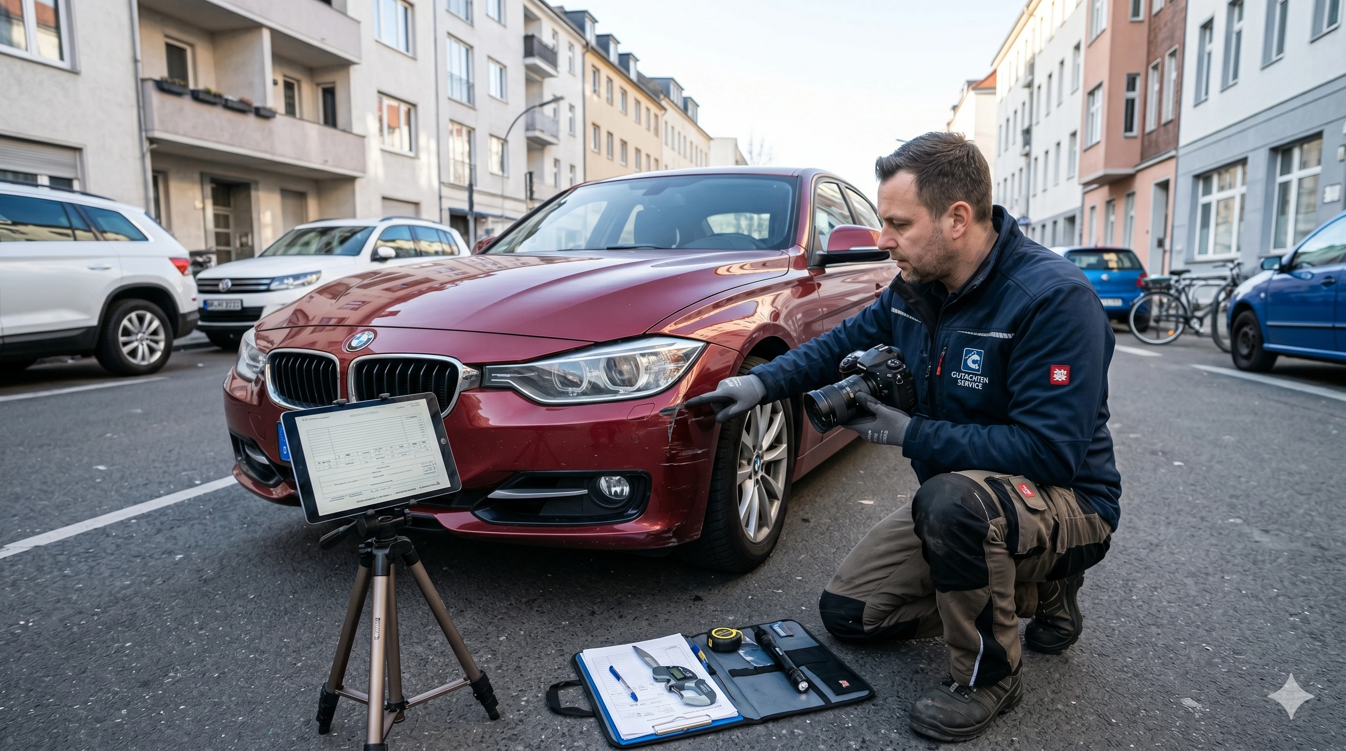 Ein Kfz-Gutachter in einer blauen Arbeitsjacke kniet auf einer Asphaltstraße neben einem dunkelroten BMW F30. Er trägt Handschuhe und zeigt mit dem Finger auf einen Lackschaden und Kratzer am vorderen rechten Stoßfänger. In seiner rechten Hand hält er eine