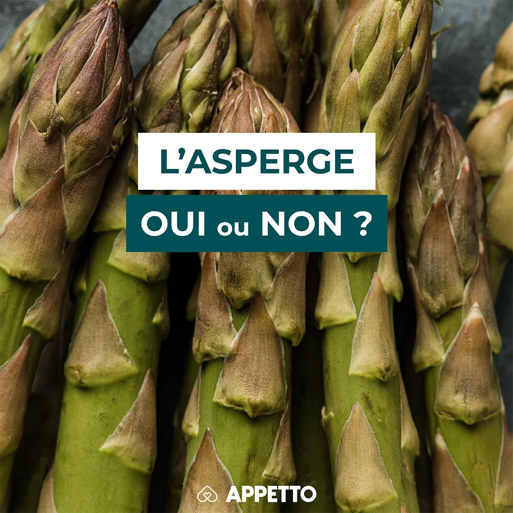 Gros plan sur des asperges avec un bandeau texte : "L'asperge, oui ou non ?" visuel Appetto pour chiens