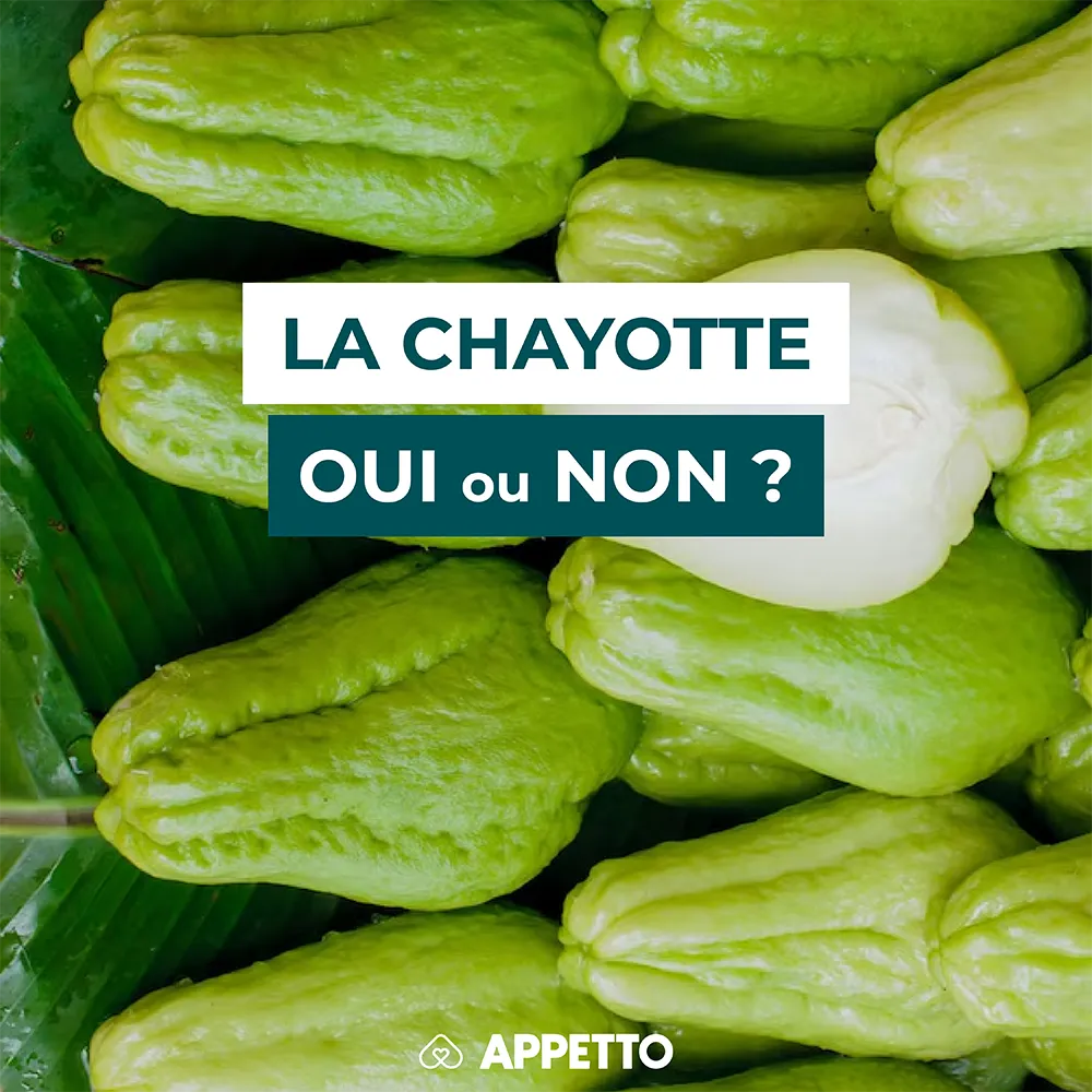 Chien : chayotte (christophine), oui ou non ? Fruits verts ; guide APPETTO sur eau/fibres, cuisson, peau et noyau, et quantité raisonnable.