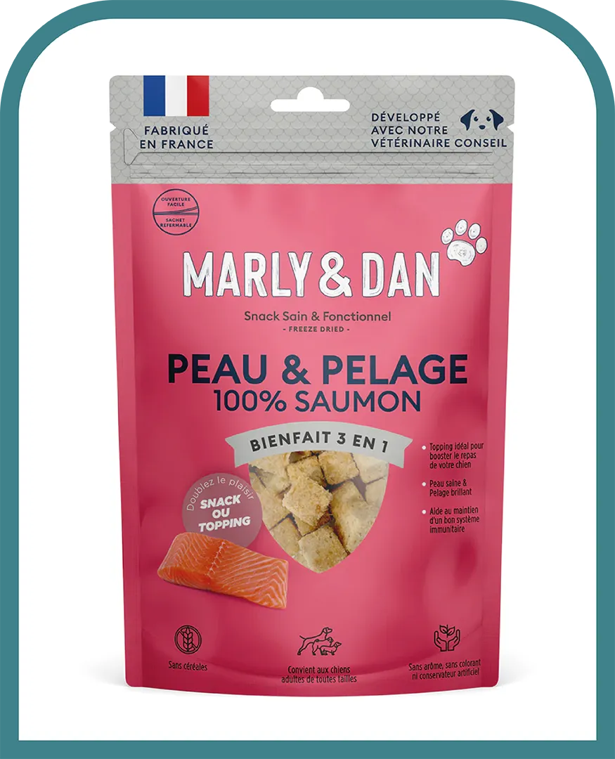 Sachet de friandises Marly and Dan Peau et Pelage 100 pour cent saumon, snack fonctionnel sans cereales utilise ponctuellement pour entretenir la peau saine et le pelage brillant de Tawa la pomsky.