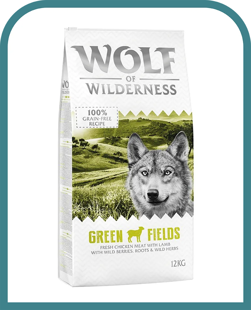 Sac de croquettes pour chien Wolf of Wilderness Green Fields au poulet et a l’agneau, recette sans cereales choisie pour l’alimentation quotidienne d’Alma.