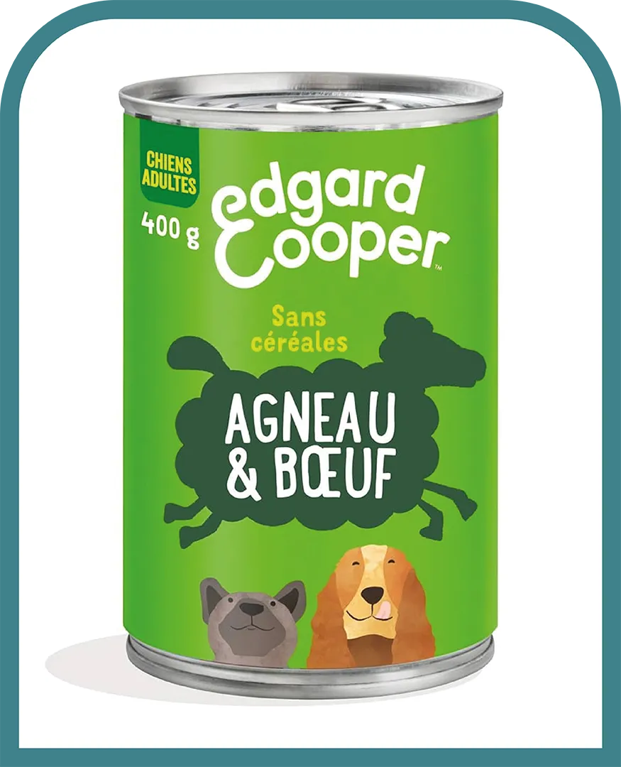 Boite de patee pour chien Edgard and Cooper Agneau et Boeuf sans cereales, aliment humide complet pour chiens adultes, propose comme complement occasionnel dans la ration de Tokyo le Boston Terrier.