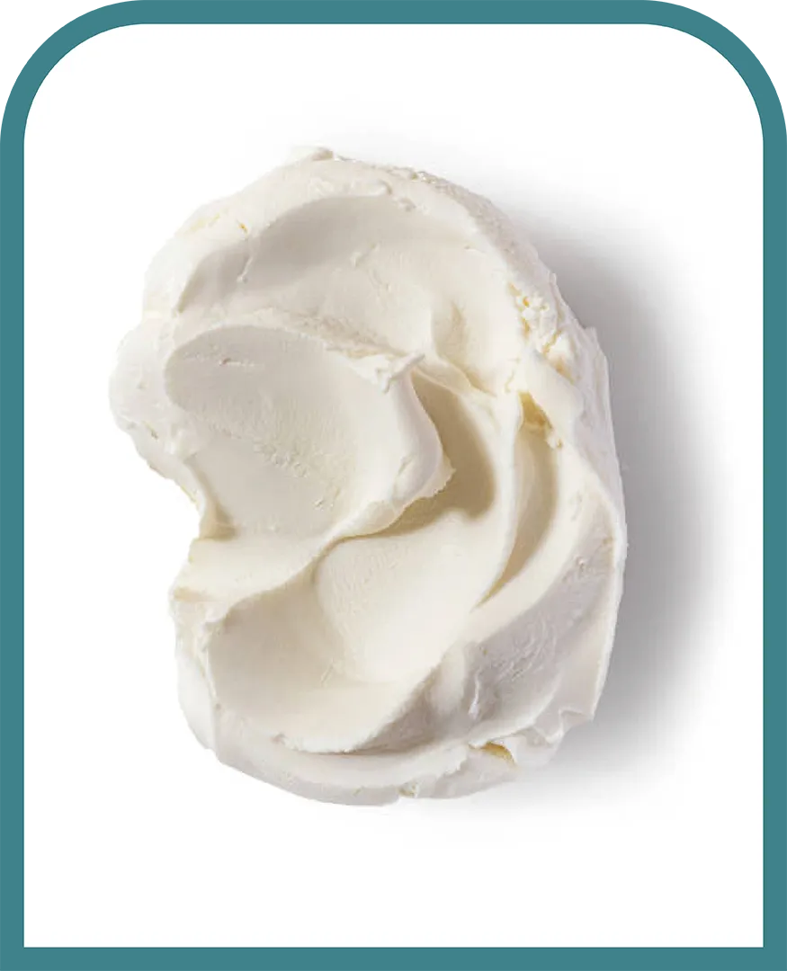 Portion de fromage a tartiner blanche sur fond neutre, utilisee en petite quantite comme topping occasionnel dans la gamelle de Tokyo le Boston Terrier, dans le cadre de conseils nutritionnels Appetto.