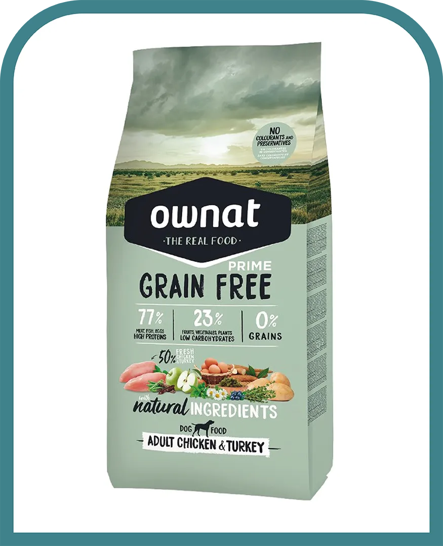 Sac de croquettes Ownat Prime Grain Free Adult Chicken and Turkey, recette sans cereales riche en ingredients naturels, aliment principal choisi pour Santiago le braque de Weimar.