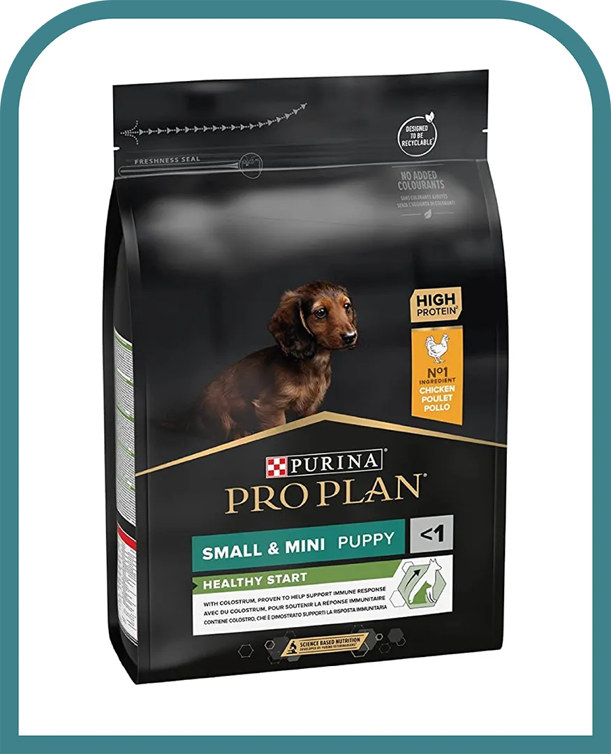 Sac de croquettes Purina Pro Plan Small and Mini Puppy Healthy Start au poulet, alimentation seche complete pour chiots de petite taille recommande pour Alma et Milka les chihuahuas chisisters.
