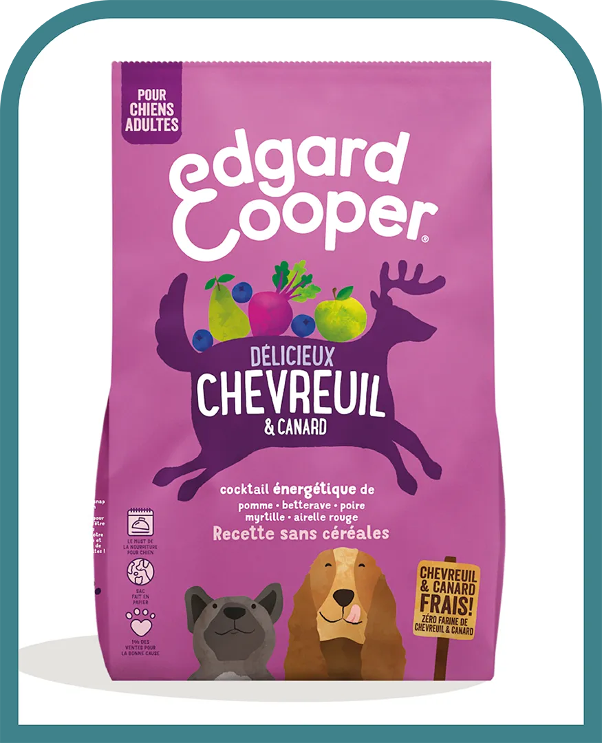 Sac de croquettes Edgard Cooper au chevreuil et canard pour chien adulte, recette sans céréales.