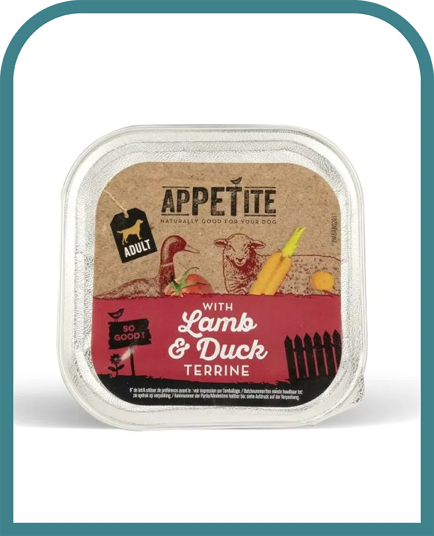 Barquette de pâtée Appetite terrine agneau et canard pour chien adulte, étiquette naturelle en carton.