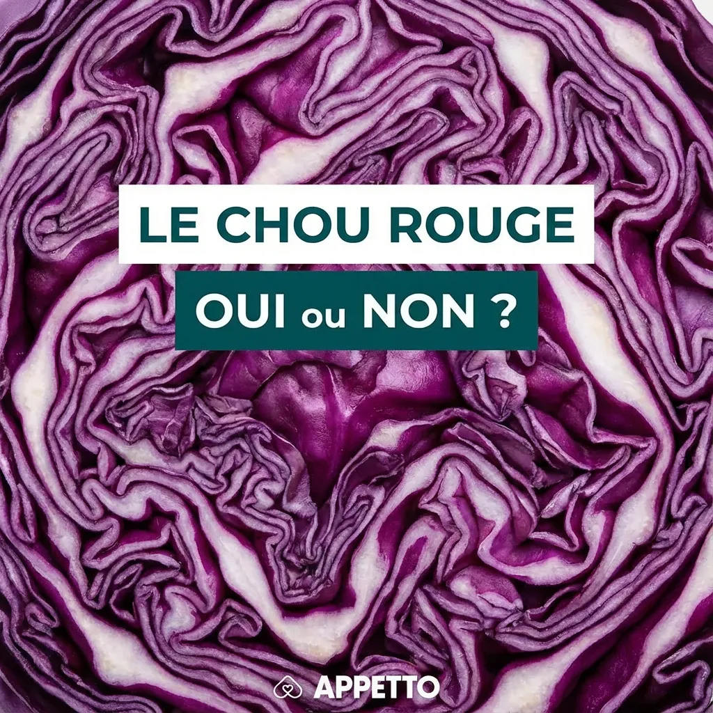 Visuel APPETTO « Le chou rouge oui ou non ? » pour chien, possible en petite quantité si cuit nature, bien haché, peut donner gaz et selles molles, la couleur peut teinter les selles, à proposer rarement, éviter les recettes au vinaigre ou aux épices.