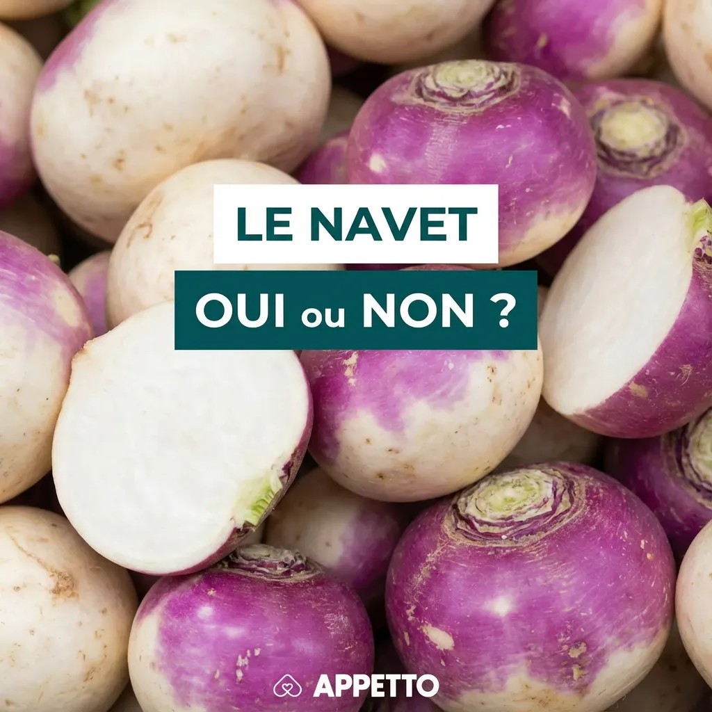 Visuel APPETTO « LE NAVET oui ou non ? » pour chien, OK en petite quantité, de préférence cuit et nature, bien lavé et coupé en petits morceaux, peut provoquer gaz, ballonnements ou diarrhée en excès.