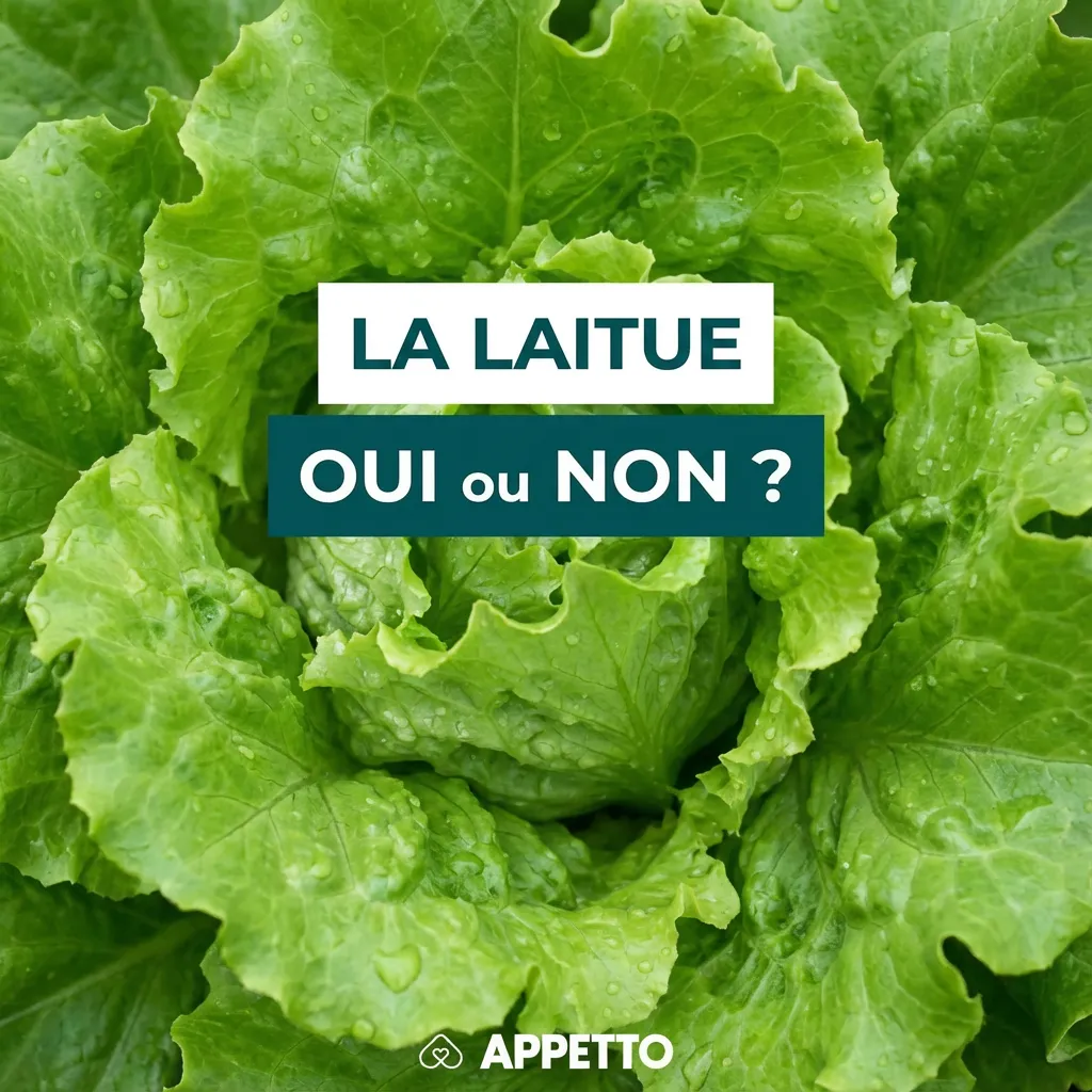 Visuel APPETTO « LA LAITUE oui ou non ? » pour chien, OK en petite quantité et de temps en temps, bien lavée, nature, crue ou légèrement cuite, coupée en petits morceaux, peu nutritive et peut provoquer diarrhée, gaz ou ballonnements en excès.