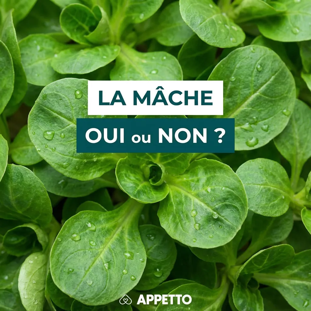Visuel APPETTO « LA MÂCHE oui ou non ? » pour chien, OK en petite quantité, bien lavée, nature, crue et coupée fin, à donner surtout en complément occasionnel, peut provoquer gaz, ballonnements ou diarrhée si la portion est trop grande.
