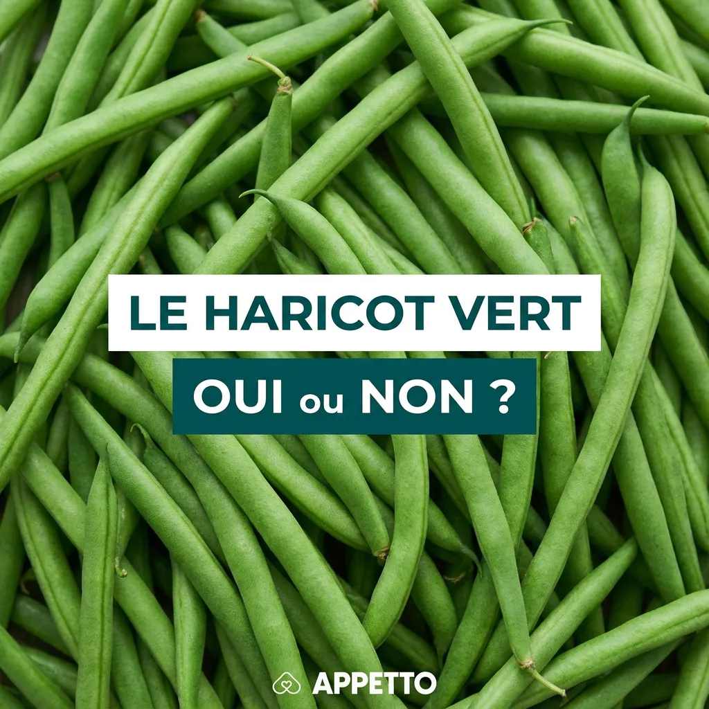 Visuel APPETTO « LES HARICOTS VERTS oui ou non ? » pour chien, OK en petite quantité, plutôt cuits et nature, coupés en petits tronçons, éviter les versions en conserve trop salées, attention aux gaz, diarrhée si excès et au risque d’étouffement si avalés 