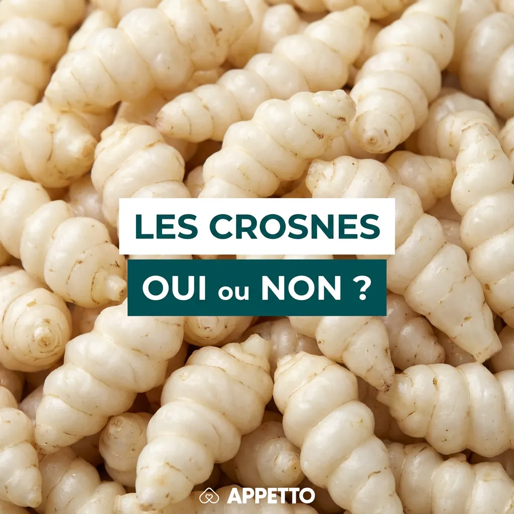 Visuel APPETTO « Les crosnes oui ou non ? » pour chien, tubercule possible mais riche en fibres, idéalement cuit nature, très bien lavé, portion minuscule car ballonnements et gaz fréquents, diarrhée possible, à proposer rarement et seulement si bonne tolé