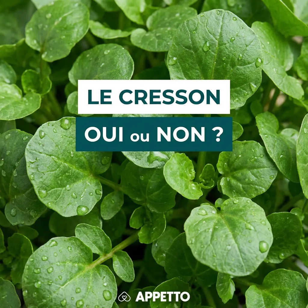 Visuel APPETTO « Le cresson oui ou non ? » pour chien, possible en micro portion seulement, bien lavé et de source sûre, goût fort pouvant irriter l’estomac, gaz ou diarrhée possibles, éviter le cresson sauvage potentiellement contaminé, à donner rarement.