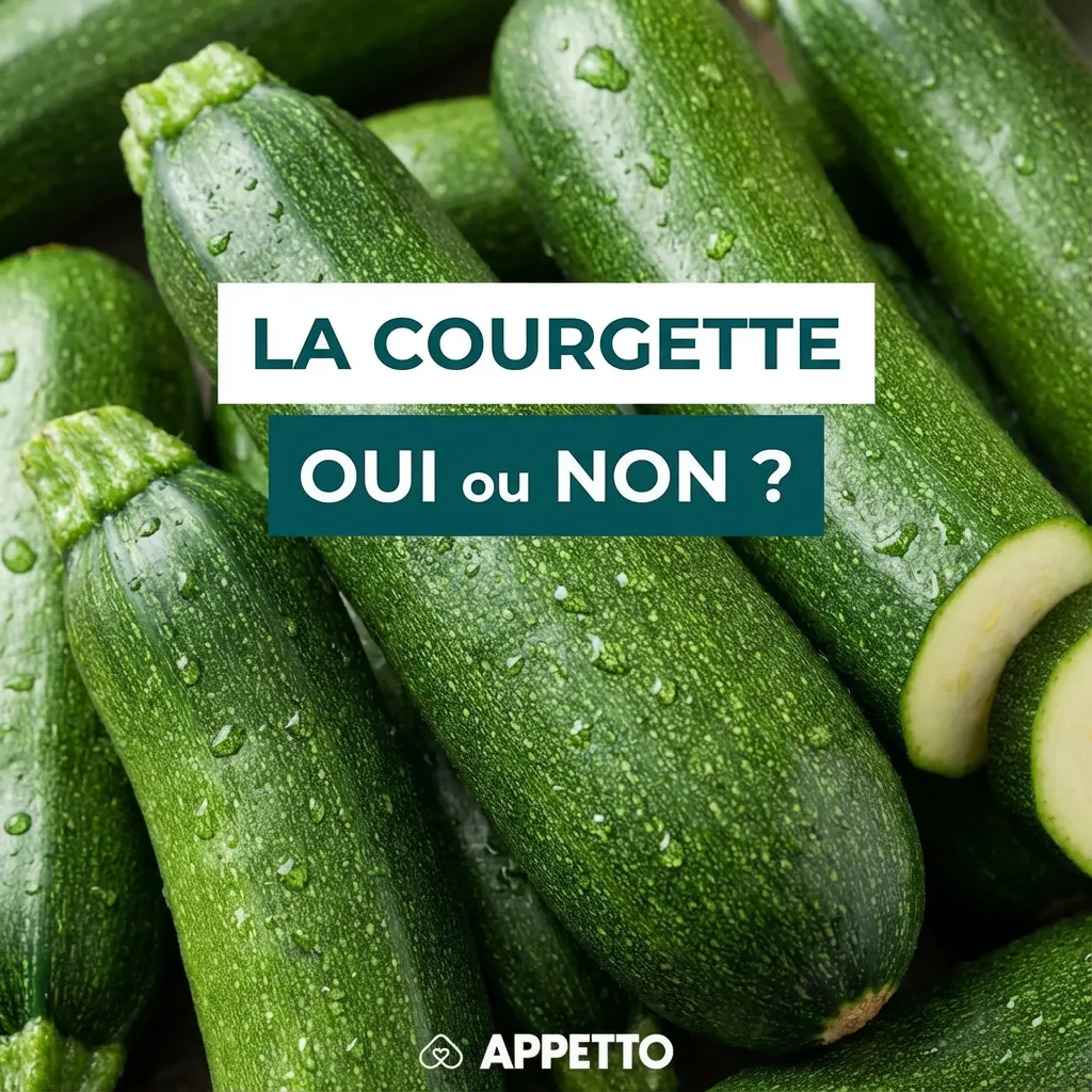Visuel APPETTO « La courgette oui ou non ? » pour chien, courgette OK crue ou cuite en petits morceaux, éviter les grosses quantités, stopper si goût amer car risque digestif, diarrhée possible en excès, à donner rarement, sans sel ni huile.