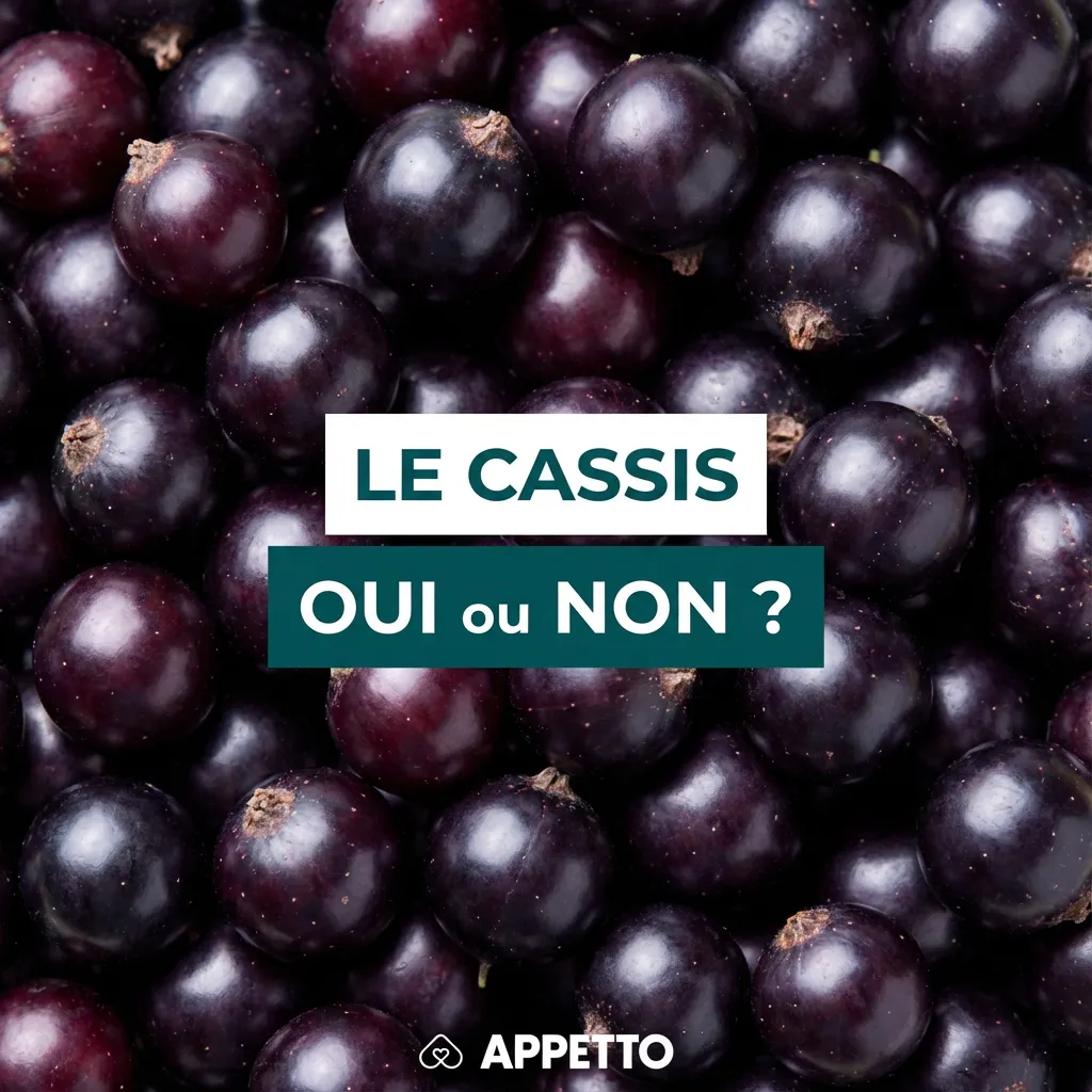 Gros plan de baies de cassis (groseille noire) avec le visuel APPETTO “Le cassis oui ou non ?”. Illustration pour un article de blog sur l’alimentation du chien, peut-on donner du cassis à un chien, portions recommandées, précautions (sucre, digestion), fr