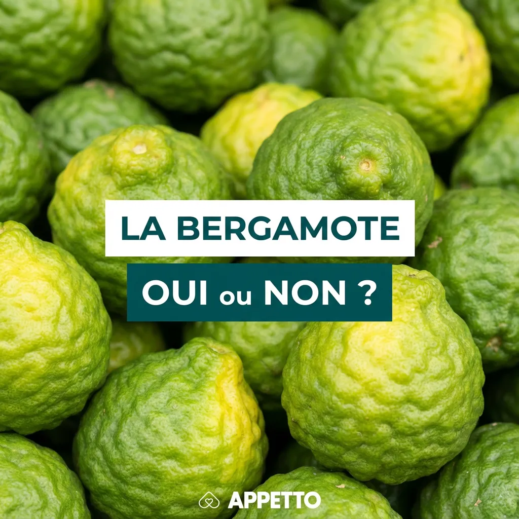 Photo de bergamotes vertes avec le texte “La bergamote oui ou non ?” signé APPETTO. Visuel SEO pour un guide nutrition chien sur les agrumes, bergamote pour chien, danger du zeste et des huiles essentielles, irritations digestives possibles, aliments à évi